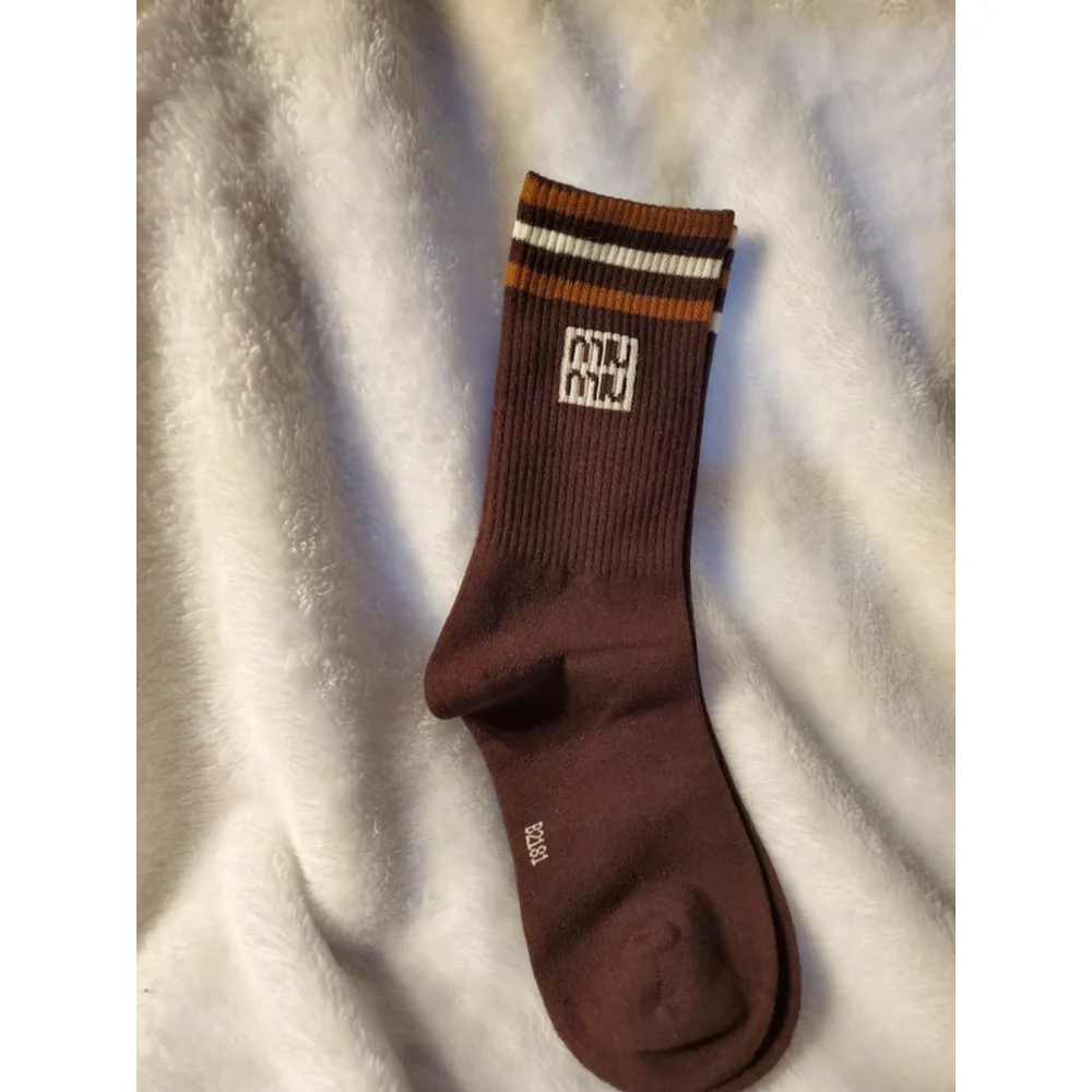 Crew Miu Miu Brown & White Striped Logo Socks Size W 7-9